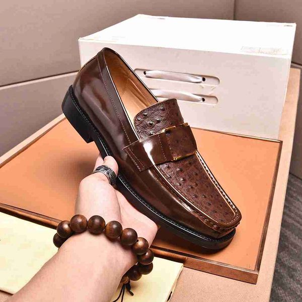 

men cowhide dress shoes brown black printed businessman party loafers round toe slip-on solid casual shoe