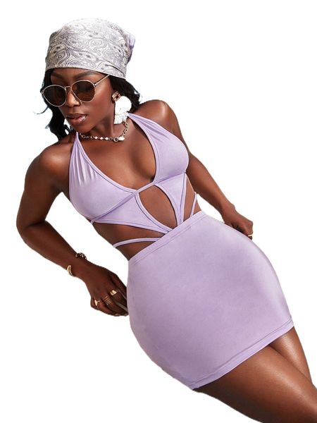 

sxy cut out tie backless halter dress m9om#, Black;gray