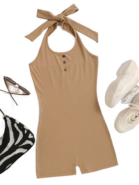 

fake button halter neck unitard romper u9wg#, Black;white