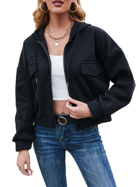 

drop shoulder drawstring hooded thermal jacket c4b8#, Black;brown