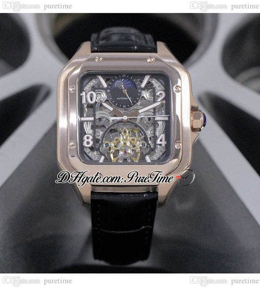 XL 100 A23J Automatico Moon Phase Tourbillon Orologio da uomo in oro rosa Quadrante interno scheletro nero Indicatori numerici Cinturino in pelle Orologi Puretime F10b2