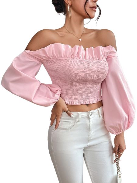 

petite off shoulder lantern sleeve ruffle trim crop blouse 7214#, White