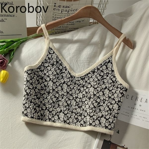 

korobov vintage v neck spaghetti strap tunic korean print fashion crop tank streetwear female vest 220325, White