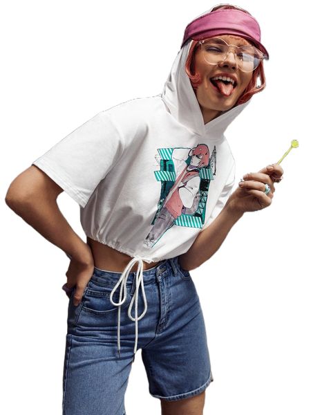 

x puripuri figure graphic drawstring waist hoodie d58v#, Black