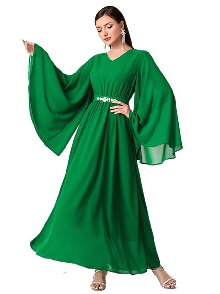 

rhinestone detail trumpet sleeve dress w5mb#, Black;gray