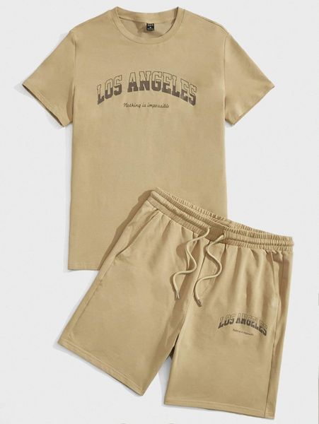 

men slogan graphic tee & drawstring waist shorts 86qx#, Gray