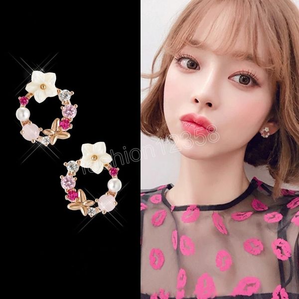 

flower stud earring korean fashion jewelry exquisite inlay color zircon flower butterfly garland women earrings gifts, Golden;silver