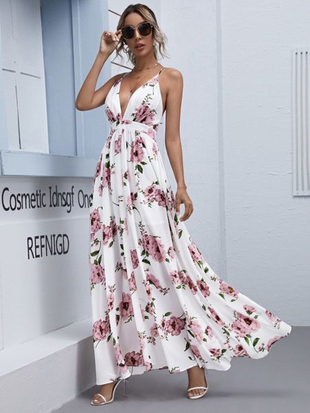 

plunging neck crisscross backless floral maxi dress x84j#, Black;gray