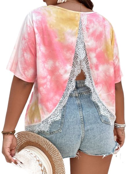 

plus contrast lace tie dye t-shirt 16v8#, Black