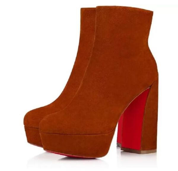 

fashion winter booty women ankle boots luxury calfskin leather suede roman boot round toe lady chunky heel booties elegant nice dress party, Black