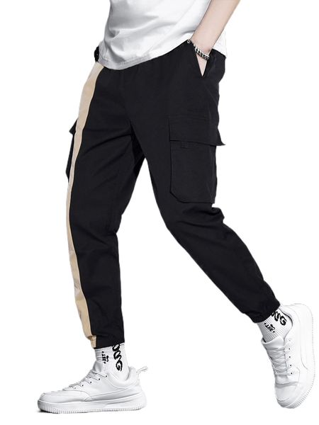 

men colorblock flap pocket drawstring waist pants 42iv#, Black