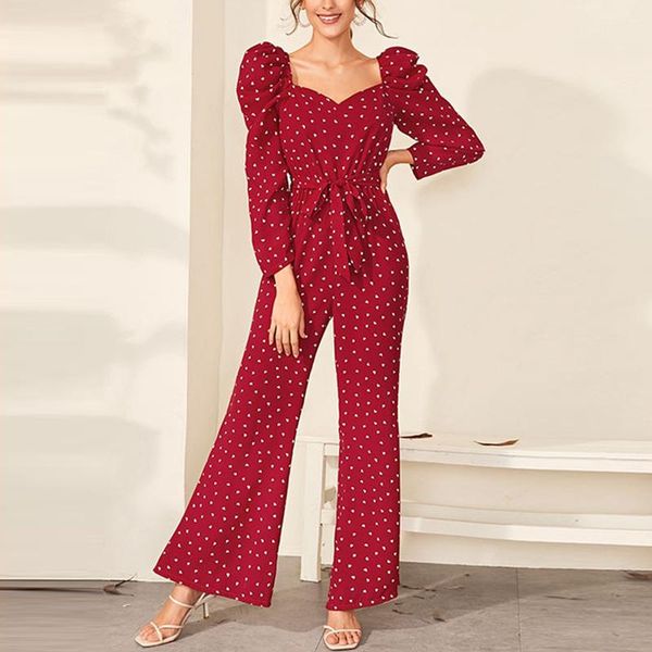 

women's jumpsuits & rompers printed polka dot love shoulder pads women's jumpsuit lace up flared trousers female summer lady stree, Black;white