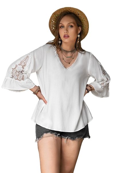 

rusttydustty plus contrast guipure lace flounce sleeve blouse j1bo#, Black