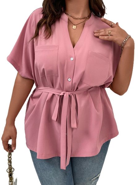 

plus dolman sleeve dual pocket belted popover shirt u3mk#, Black