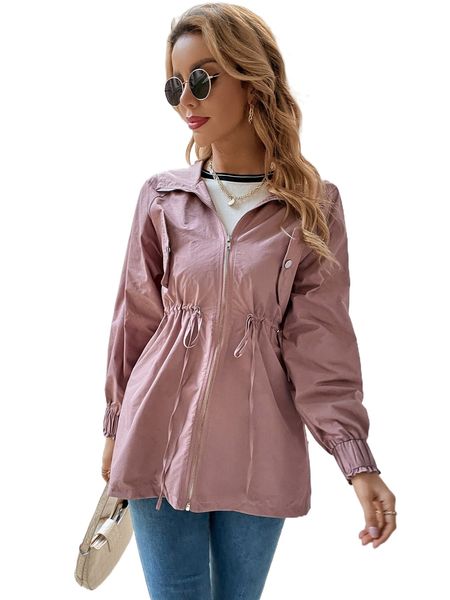 

drawstring waist hooded coat r4lx#, Black