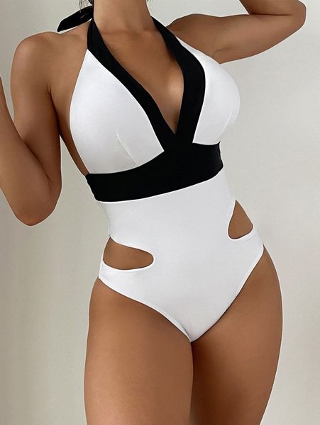

two tone cut out tie back halter one piece swimsuit w2iq#, White;black