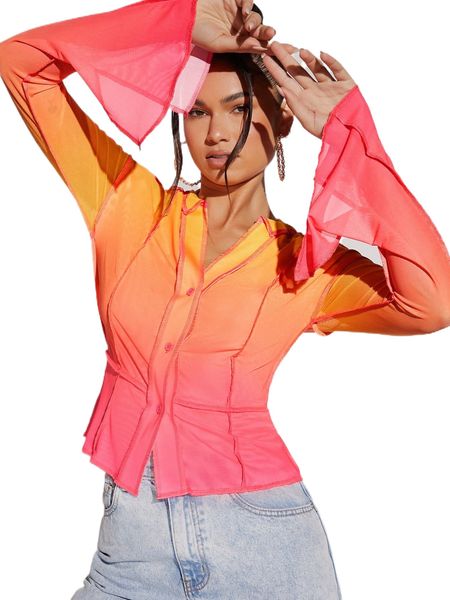 

bae ombre seam detail flounce sleeve mesh shirt r8vv#, White