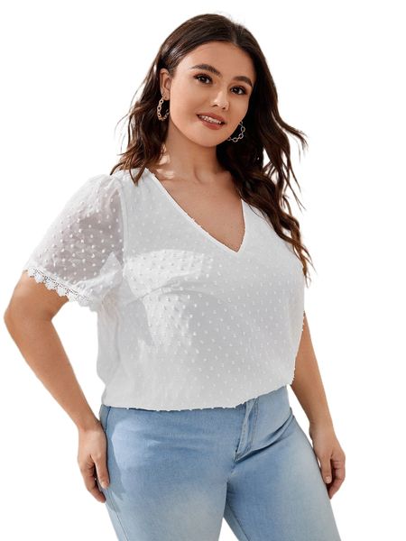 

plus swiss dot contrast guipure lace puff sleeve blouse 63kk#, Black