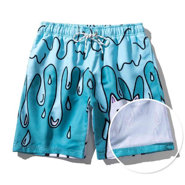 

men's shorts summer printed beach pants cartoon casual large double-layer loose fashion brand, White;black