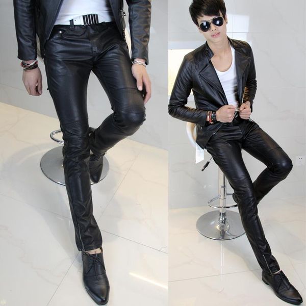 

men's pants arrival -selling men's clothing leather tight male slim fashion men malemen's, Black
