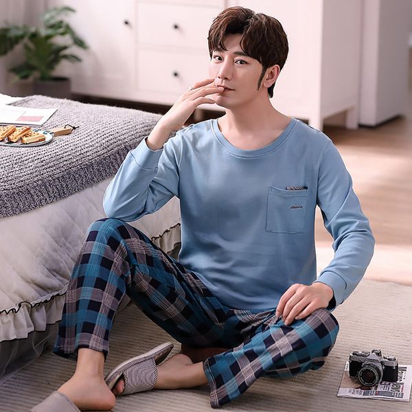 

men's sleepwear cotton men's thin pajama fashion plaid pijama sets spring autumn 220823, Black;brown