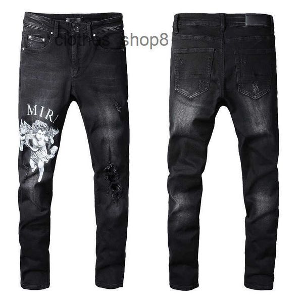 

european and american designer men jeans trend a mirs-fluid street trendy angel pattern black hole elastic tight legged jeans #817, Blue