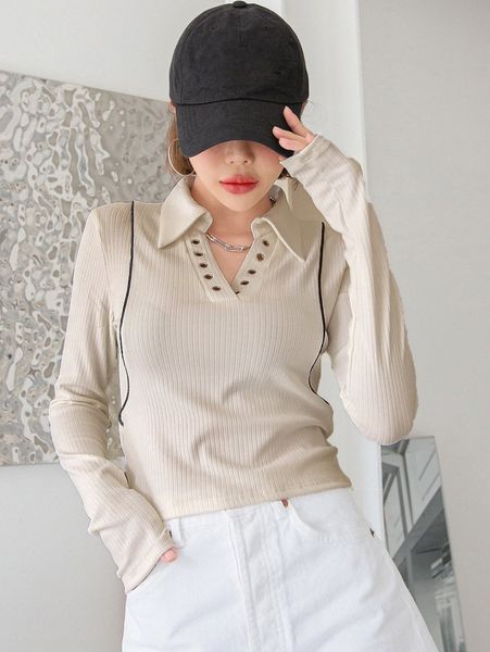 

dazy grommet detail contrast piping ribbed knit tee a7ky#, White