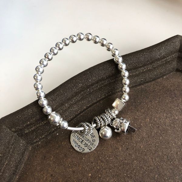 

925 sterling silver cat round bracelet hand worn elastic rope bead versatile heavy industry jewelry, Golden;silver