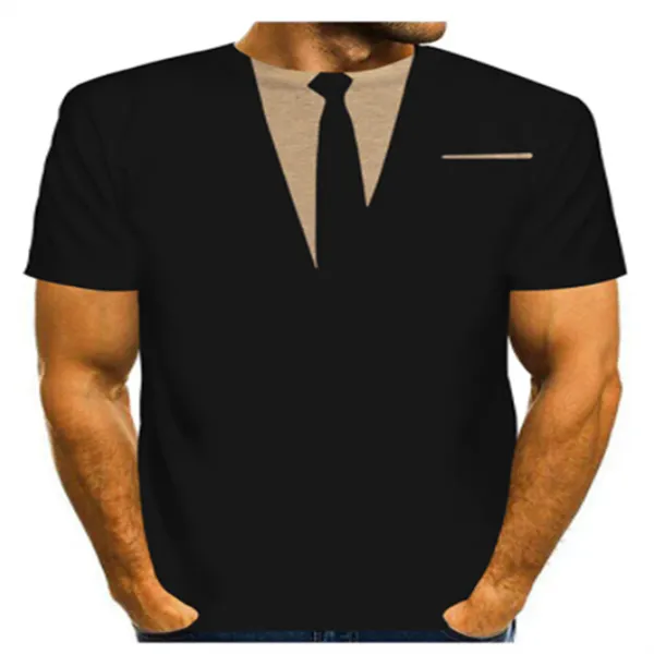 Herren-T-Shirts, modisch, 3D-Anzug, Krawatte, Druck, T-Shirt, kurzärmeliges Oberteil, Schal, schmale Passform, modisch, atmungsaktiv, Sport