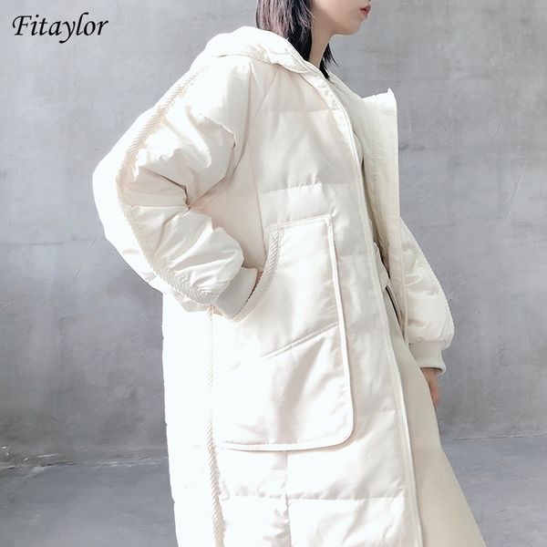 

corduroy splicing hooded down long jacket women thick loose coat winter 90% white duck down parka warm snow outerwe y201026, Black