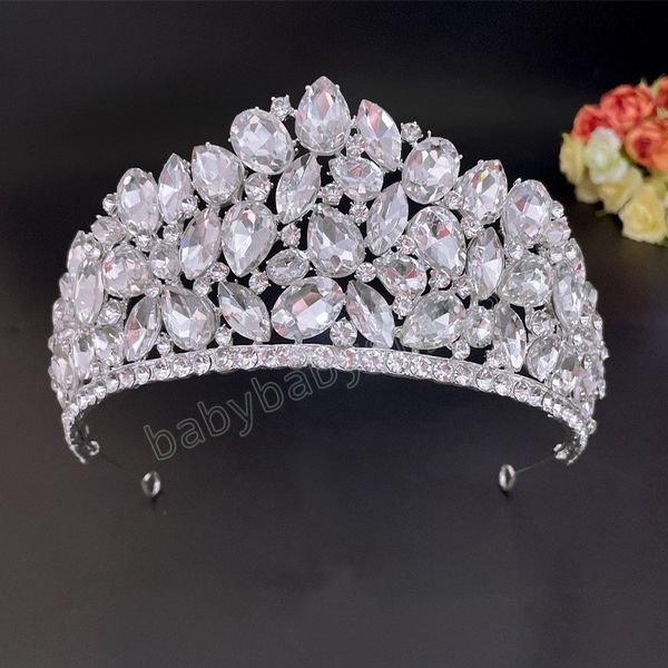 

gorgeous large princess crown pageant diadem bridal hair jewelry wedding headpiece queen headdress women tiara headband, Slivery;white