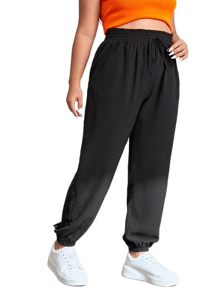 

plus paperbag waist drawstring carrot pants 24nw#, Black