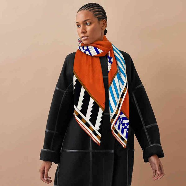 

scarves [geometric steed]h home silk cashmere scarf for women in autumn and winter 140cm large square velvet shawl, Blue;gray