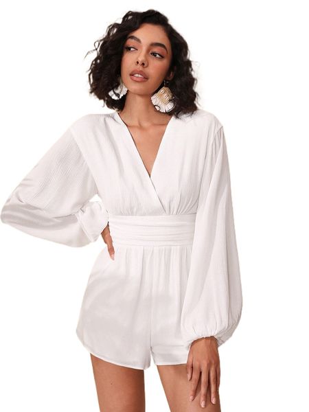 

surplice neck lantern sleeve cut out back romper w18n#, Black;white