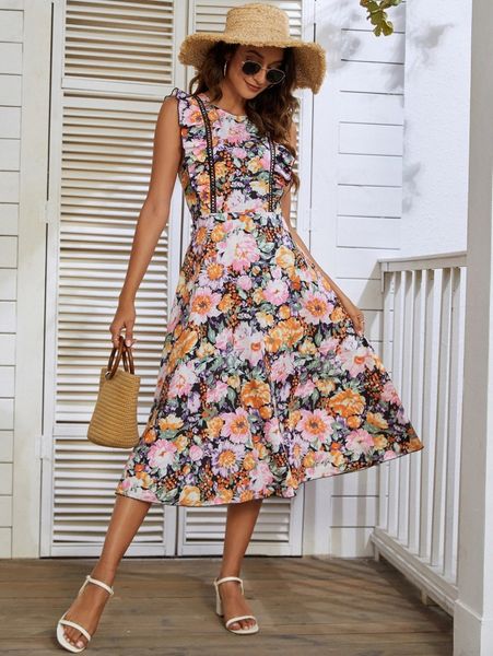 

allover floral print ruffle trim tie backless a-line dress b62u#, Black;gray