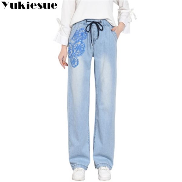 

floral printed women jeans female loose boyfriend denim jeans women s long wide leg pants ladies large sizes with high waist 210412, Blue