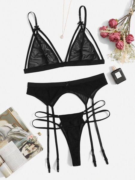

3pack plus mesh harness garter lingerie set o7qj#, Black;white