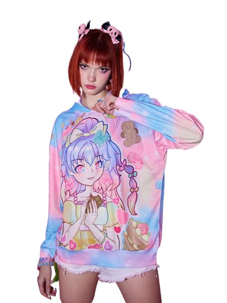 

romwe anime tie dye cartoon figure print hoodie d0fv#, Black