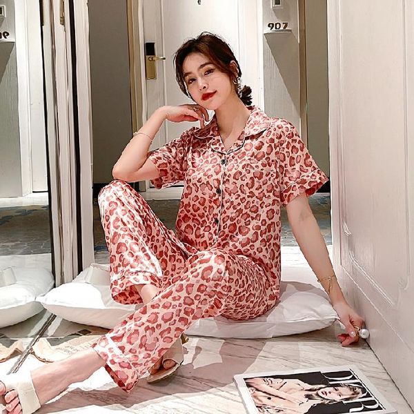 

silk pajamas for women sleepwear sweet leopard pyjamas woman elegant short sleeve long pant homewear ladies sets, Black;red