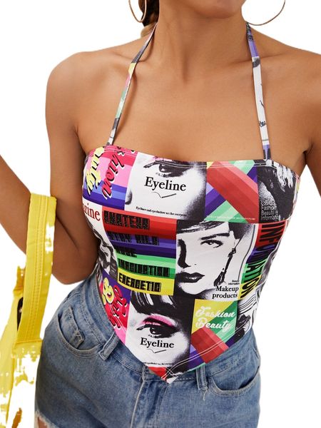 

figure and letter graphic patchwork bandana halter v7gu#, White