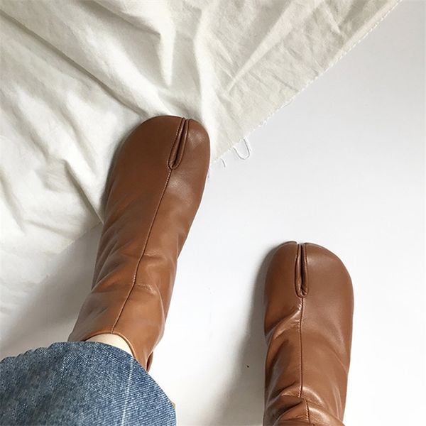 

new brand design fashion split toe genuine leather women chunky round high heels women boots winter tabi shoes short boots 201123, Black