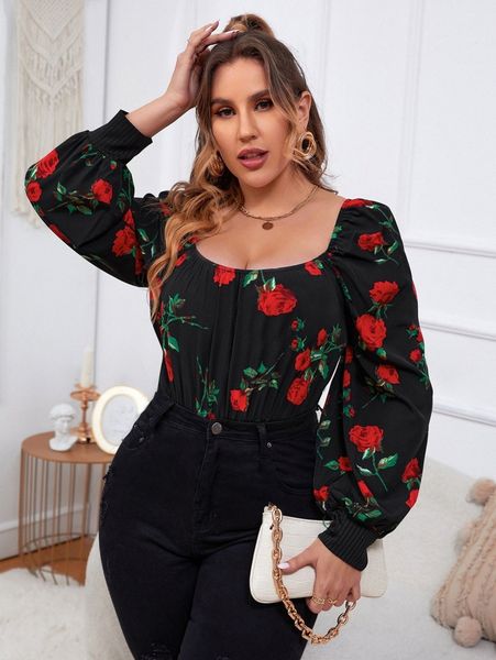 

plus floral print lantern sleeve blouse 99eg#, Black