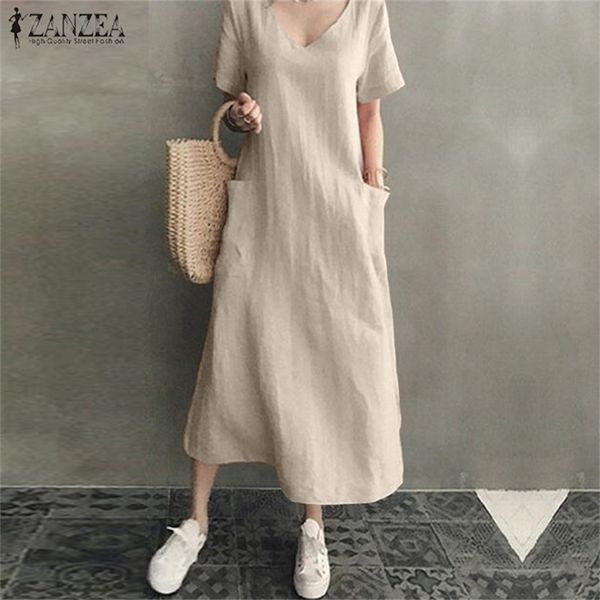 

zanzea women long maxi summer dress casual cotton linen ladies big pockets beach party robe femme vestidos 220613, Black;gray