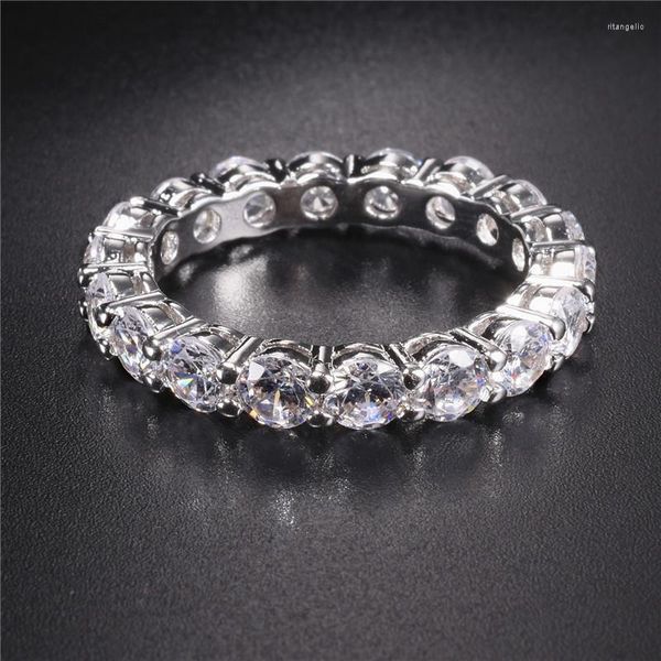 Ringos de cluster Luxury 925 Silver Pave Configuração de Eternidade Completa Eternity Engagement Wedding for Momen Men Men Diamond Platinum Ring JewelryCluster Rita22