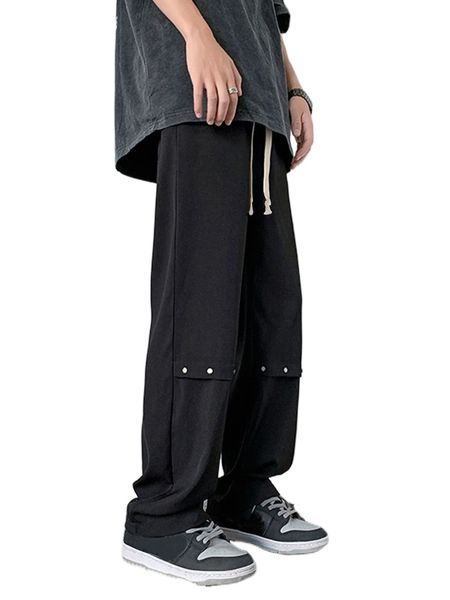 

men drawstring waist straight leg pants f51t#, Black