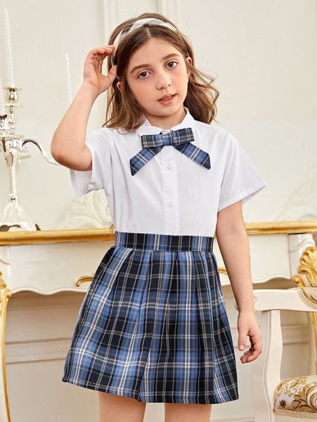 

girls tartan bow front blouse & pleated skirt she, White
