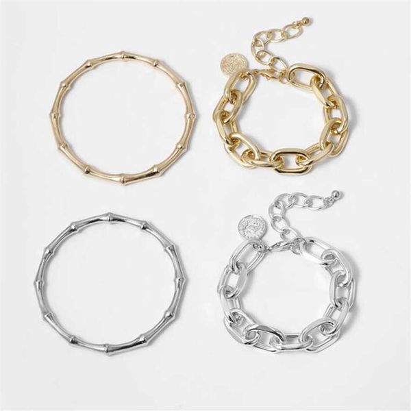 

2pcs/lot punk miami curb cuban thick bracelets bangles carved coin pendant gold color chunky bamboo bracelet jewelry ottie, Golden;silver