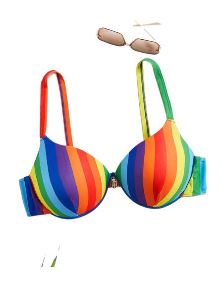 

plus rainbow striped print push up bikini e71v#, Black