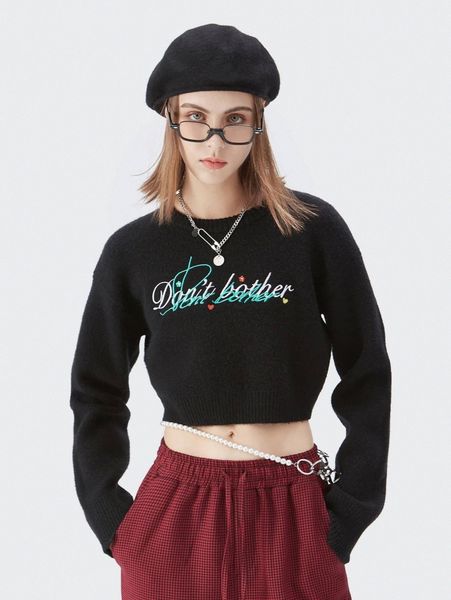 

drop shoulder letter & heart embroidery crop sweater f4oy#, White;black