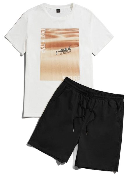 

men slogan & figure graphic tee and drawstring waist shorts set 47xm#, Gray